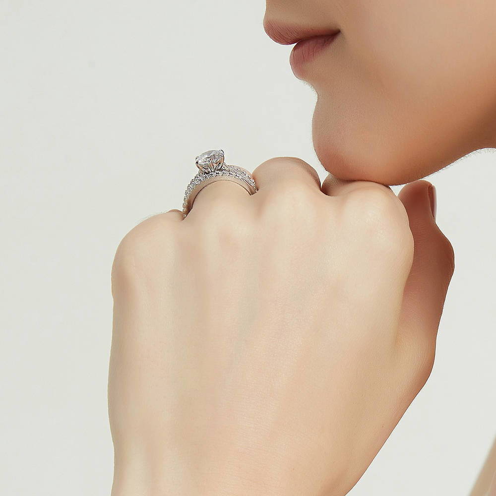 Model wearing Solitaire 2ct Round CZ Ring Set in Sterling Silver, 8 of 14