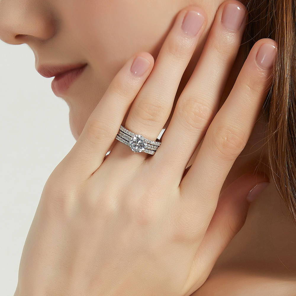 Model wearing Solitaire 2ct Round CZ Ring Set in Sterling Silver, 5 of 14