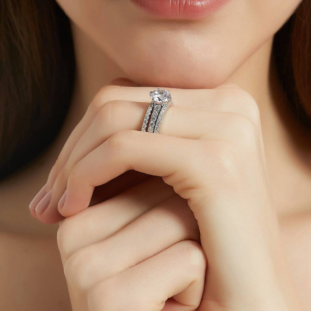 Model wearing Solitaire 2ct Round CZ Ring Set in Sterling Silver, 7 of 14