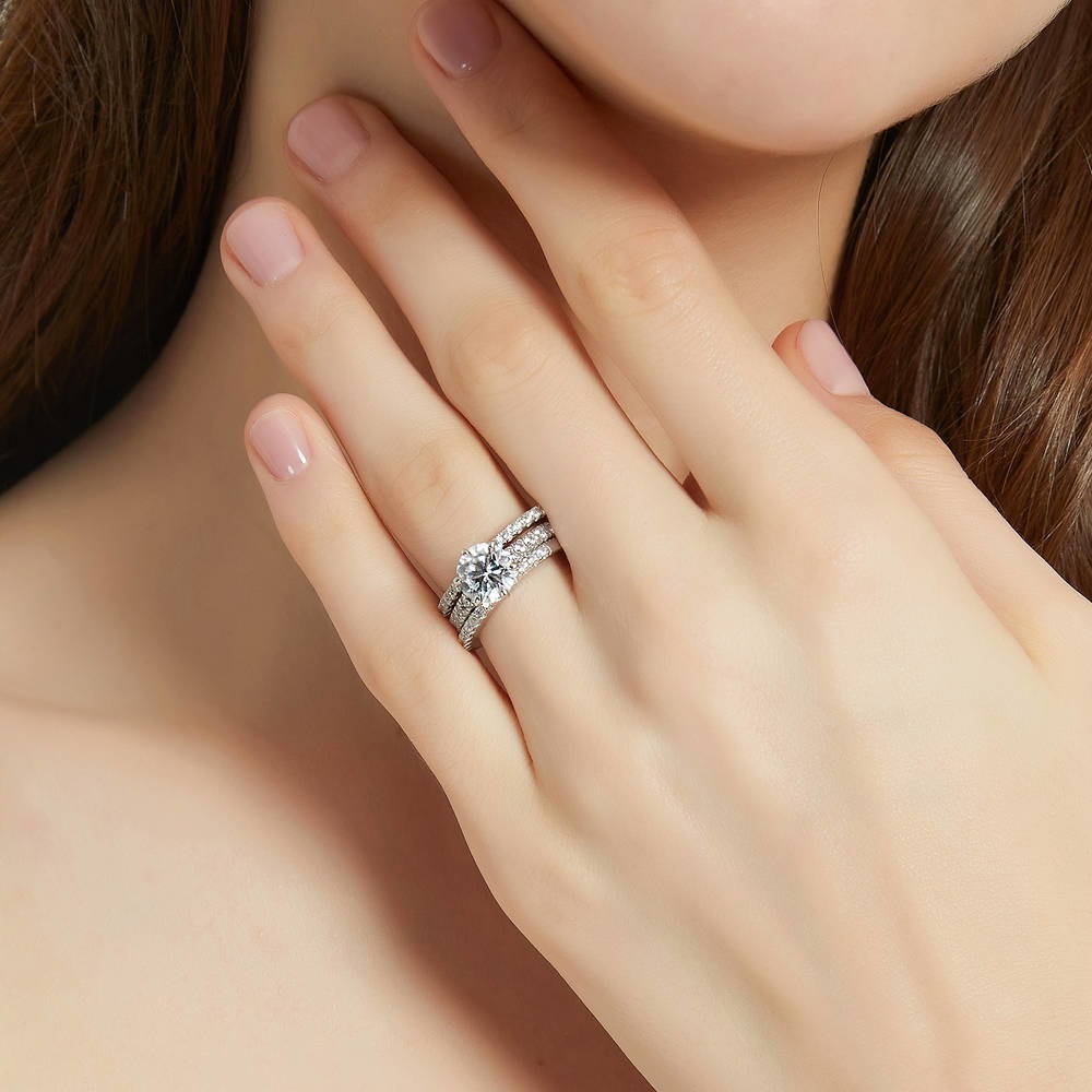 Model wearing Solitaire 2ct Round CZ Ring Set in Sterling Silver, 2 of 14