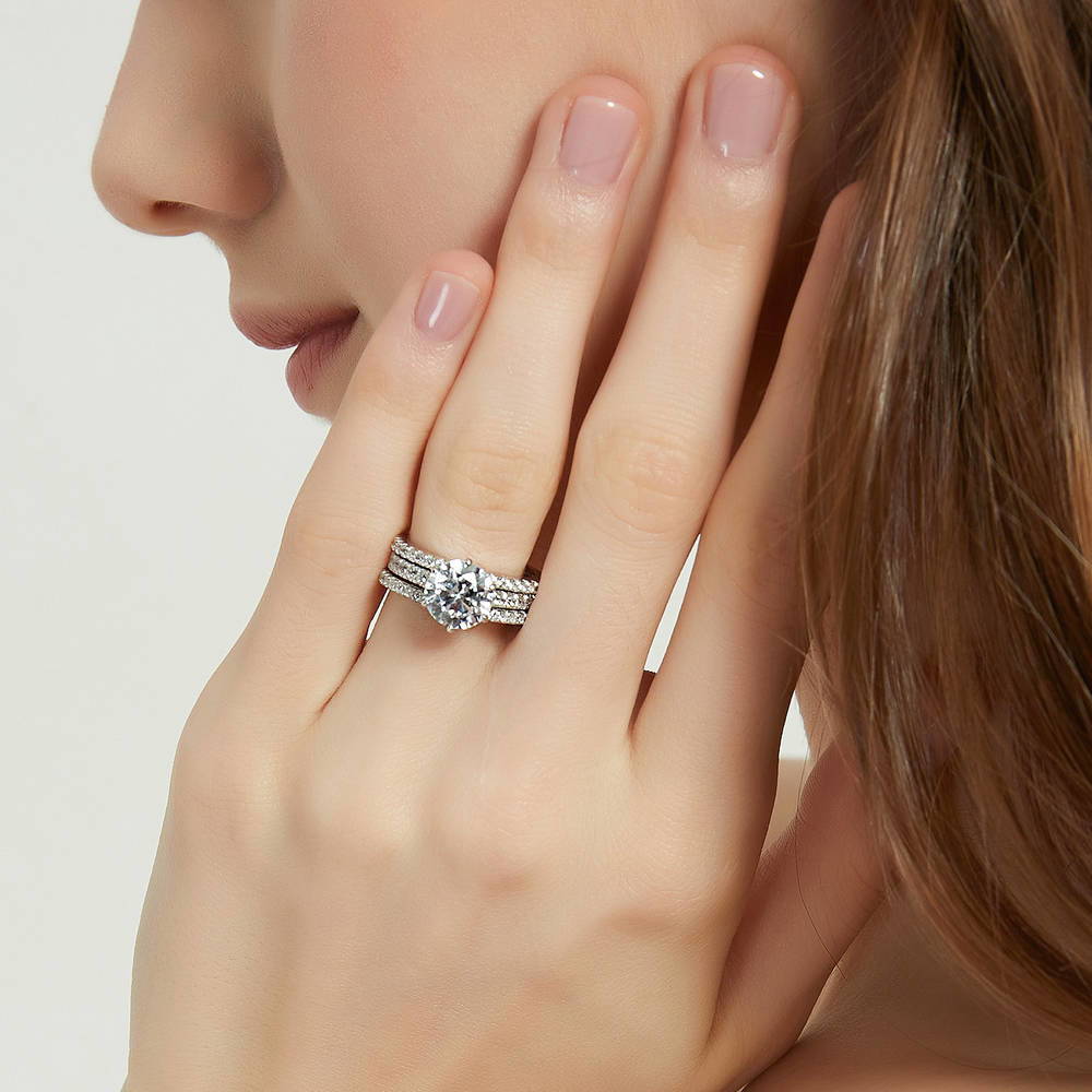 Model wearing Solitaire 2.7ct Round CZ Ring Set in Sterling Silver