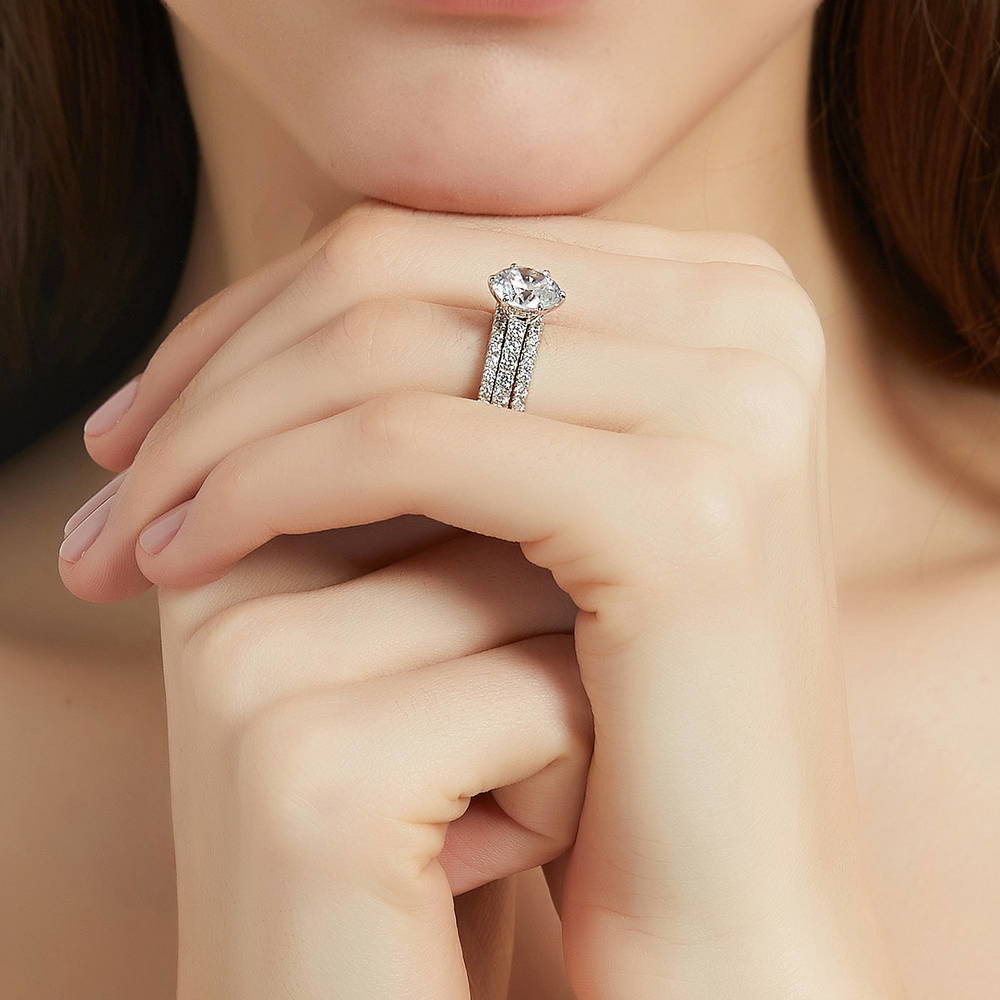 Model wearing Solitaire 2.7ct Round CZ Ring Set in Sterling Silver