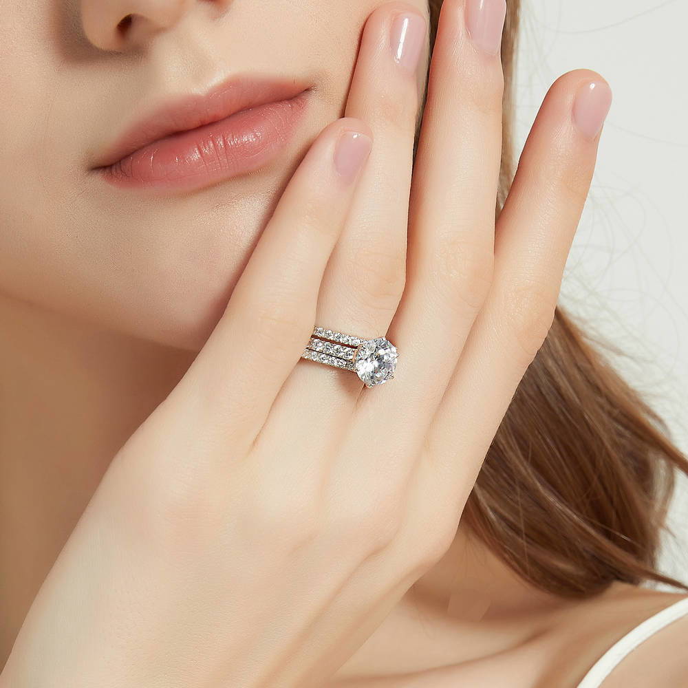 Model wearing Solitaire 2.7ct Round CZ Ring Set in Sterling Silver