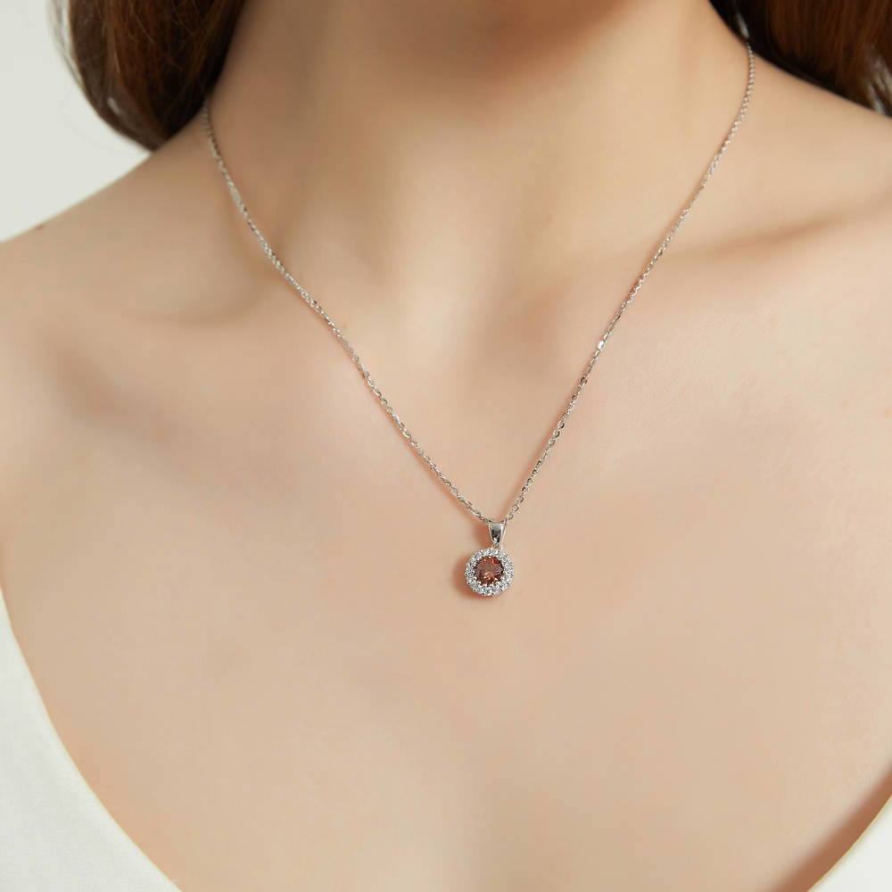Halo Caramel Round CZ Pendant Necklace in Sterling Silver, 3 of 9