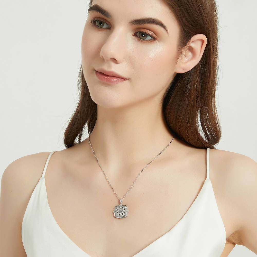 Model wearing Art Deco CZ Pendant Necklace in Sterling Silver