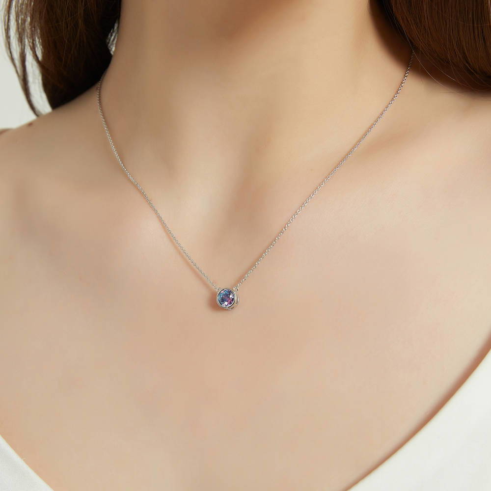 Solitaire Purple Aqua Bezel Set Round CZ Set in Sterling Silver