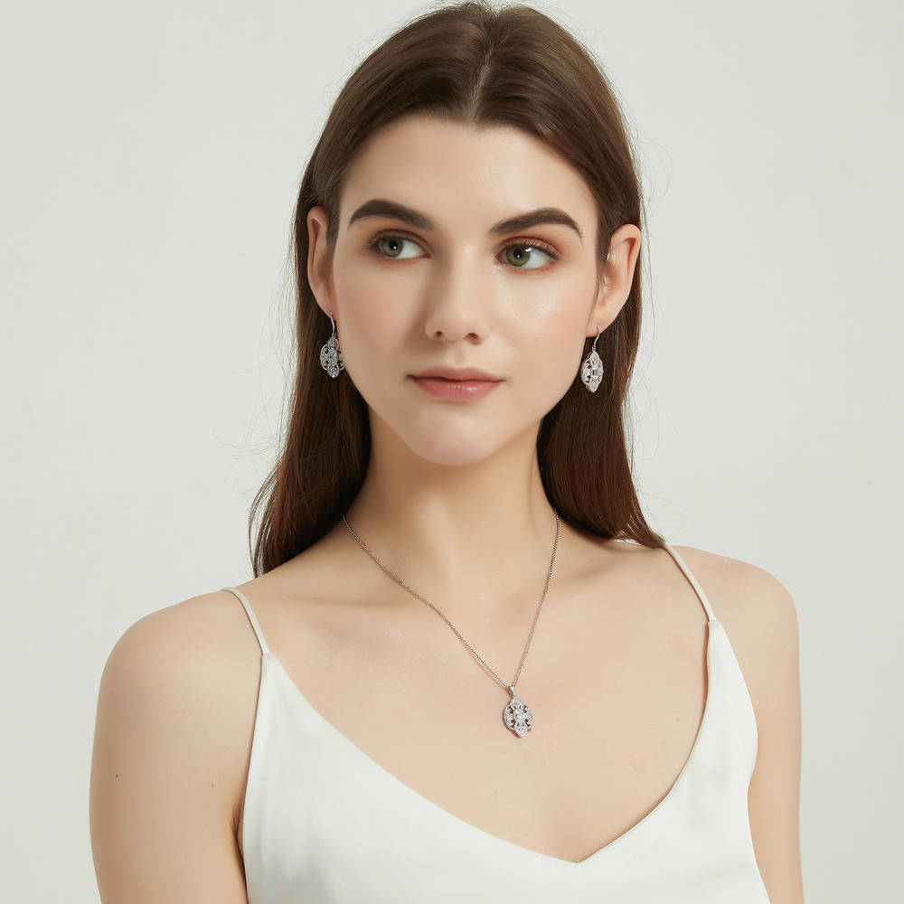 Milgrain CZ Fish Hook Dangle Earrings in Sterling Silver