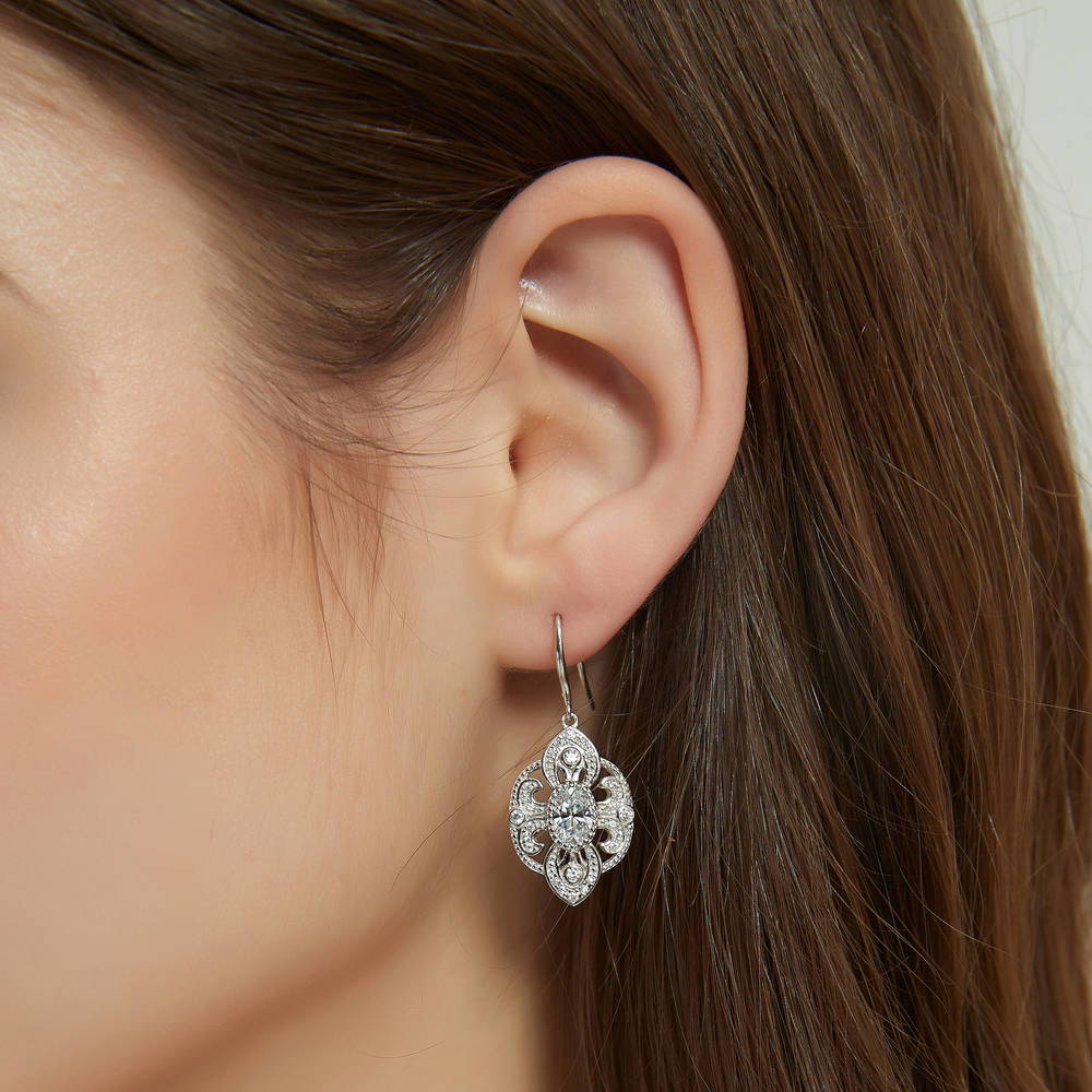 Milgrain CZ Fish Hook Dangle Earrings in Sterling Silver