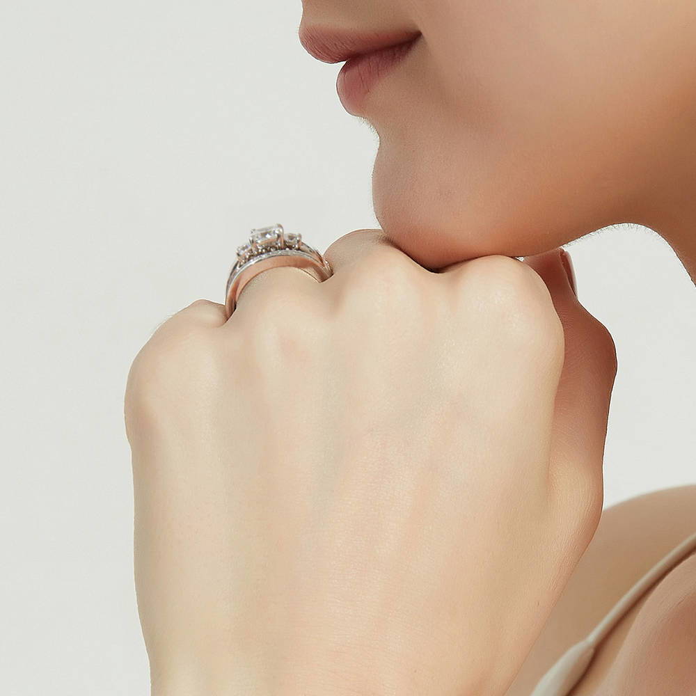 Model wearing 3-Stone Cushion CZ Ring Set in Sterling Silver