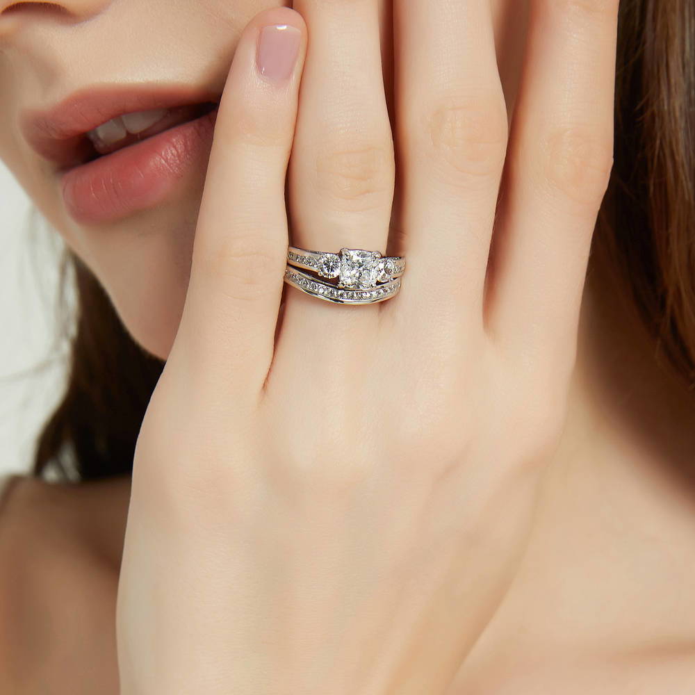 Model wearing 3-Stone Cushion CZ Ring Set in Sterling Silver, 3 of 18