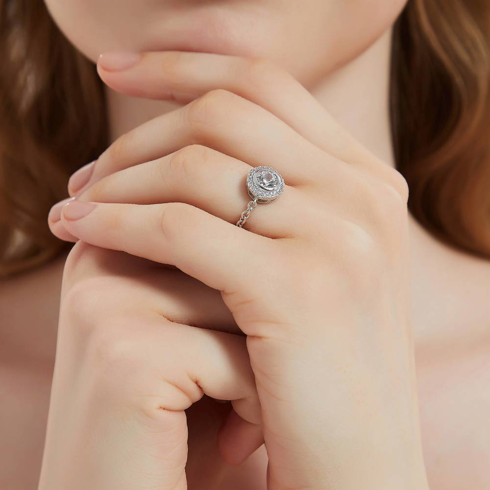 Model wearing Halo Round CZ Chain Ring in Sterling Silver