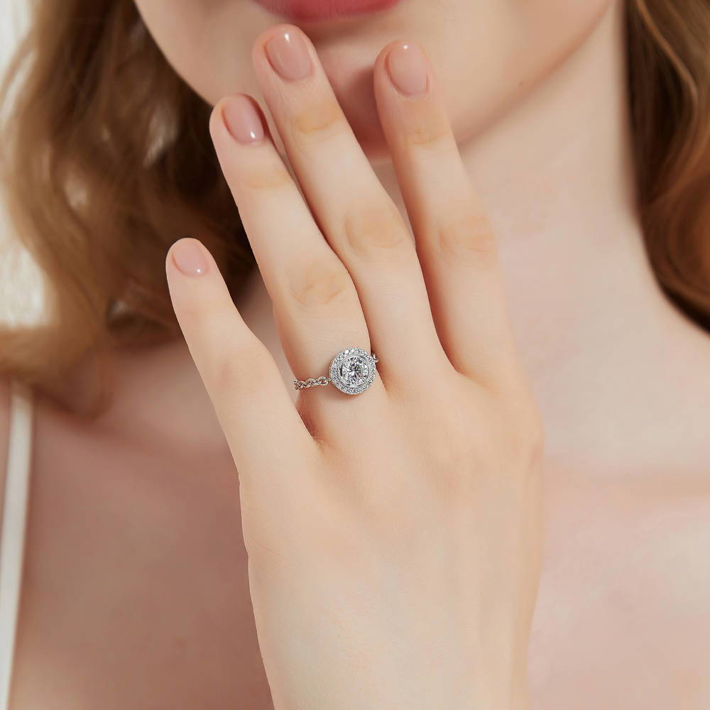 Model wearing Halo Round CZ Chain Ring in Sterling Silver