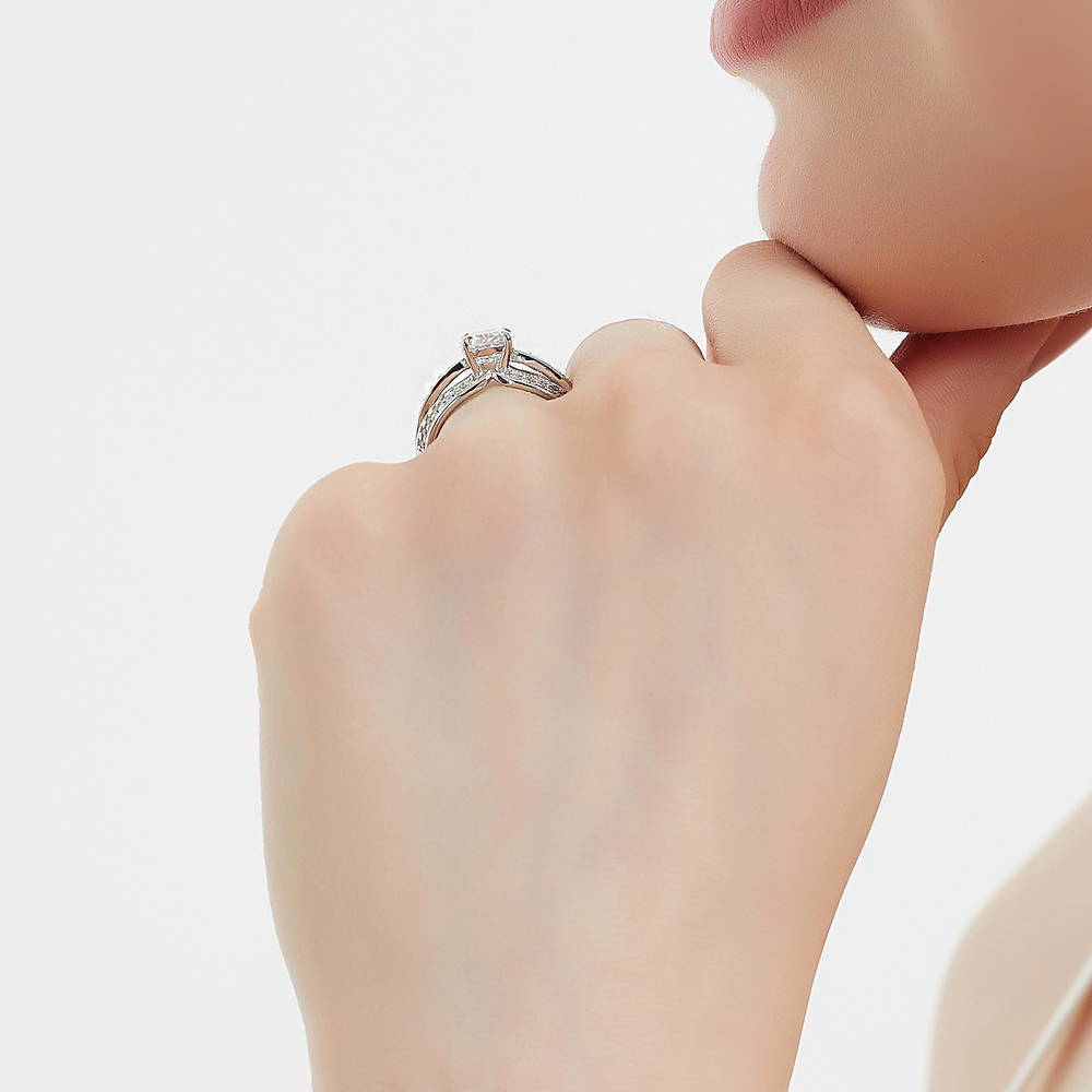 Model wearing Solitaire 1.8ct Oval CZ Ring in Sterling Silver, 7 of 9