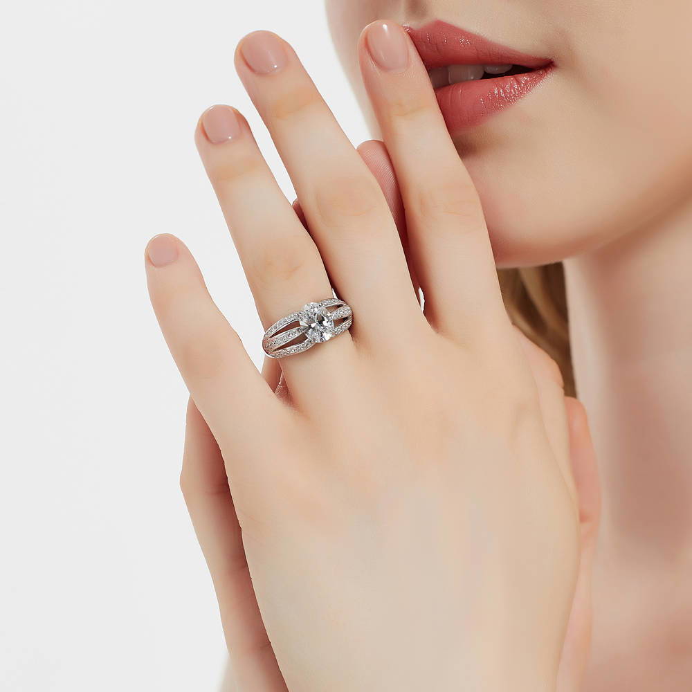 Model wearing Solitaire 1.8ct Oval CZ Ring in Sterling Silver, 3 of 9