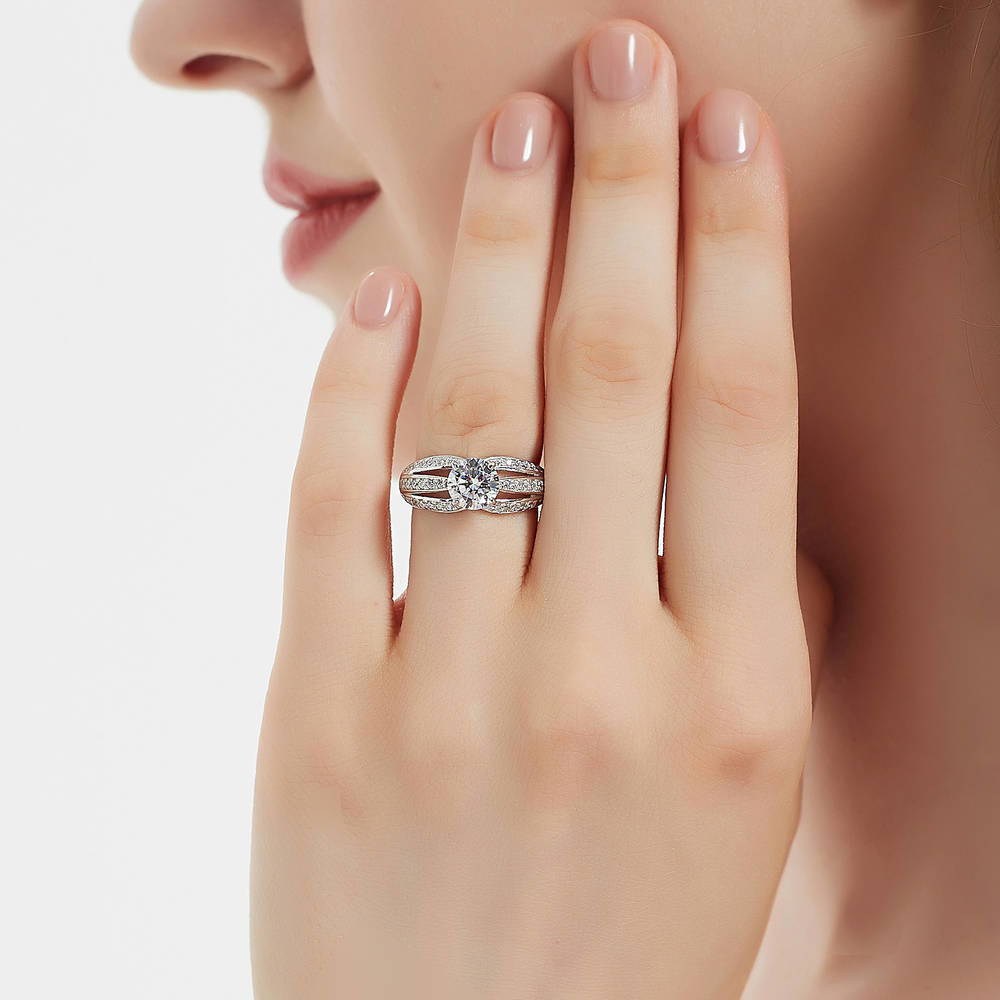Model wearing Solitaire 1.25ct Round CZ Ring in Sterling Silver, 2 of 9