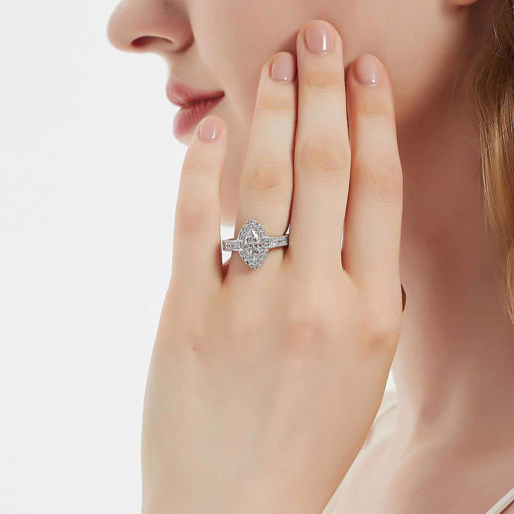 Model wearing Halo Milgrain Marquise CZ Ring in Sterling Silver, 2 of 9
