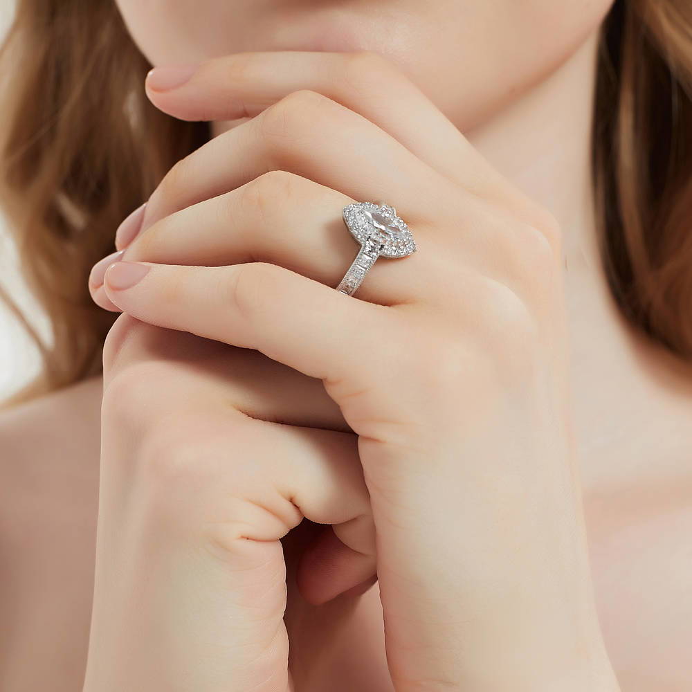 Model wearing Halo Milgrain Marquise CZ Ring in Sterling Silver, 6 of 9