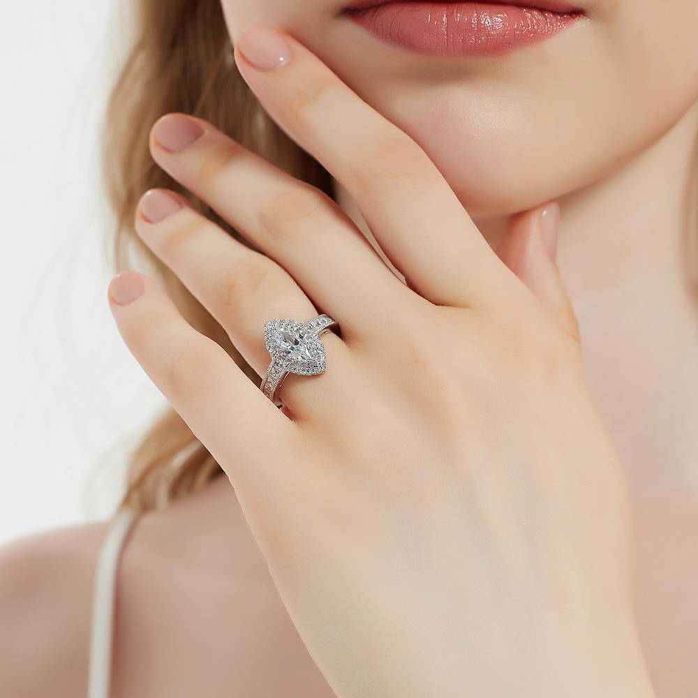 Model wearing Halo Milgrain Marquise CZ Ring in Sterling Silver, 3 of 9