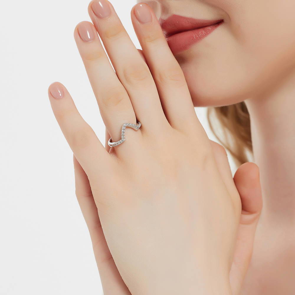 Wishbone CZ Curved Half Eternity Ring in Sterling Silver