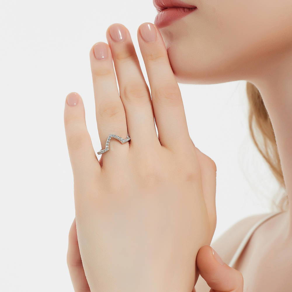 Wishbone CZ Curved Half Eternity Ring in Sterling Silver