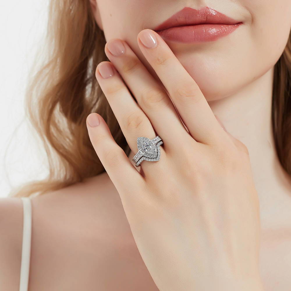 Halo Milgrain Marquise CZ Ring Set in Sterling Silver