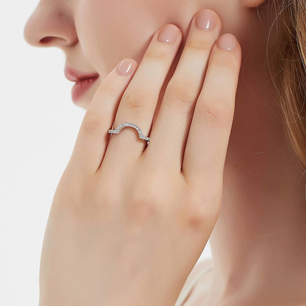 Model wearing Halo Milgrain Pear CZ Ring Set in Sterling Silver