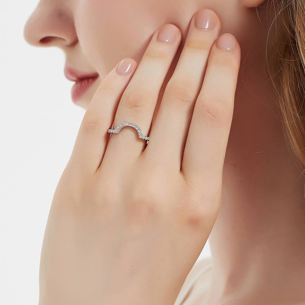 Model wearing Dome CZ Curved Half Eternity Ring in Sterling Silver, 3 of 9