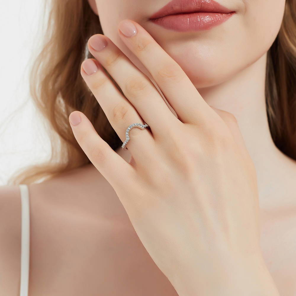 Model wearing Dome CZ Curved Half Eternity Ring in Sterling Silver