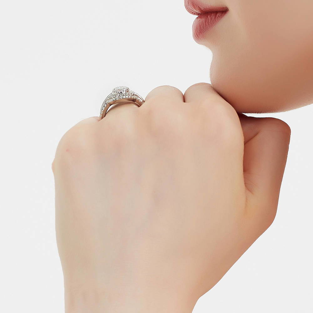 Model wearing Halo Milgrain Pear CZ Ring Set in Sterling Silver