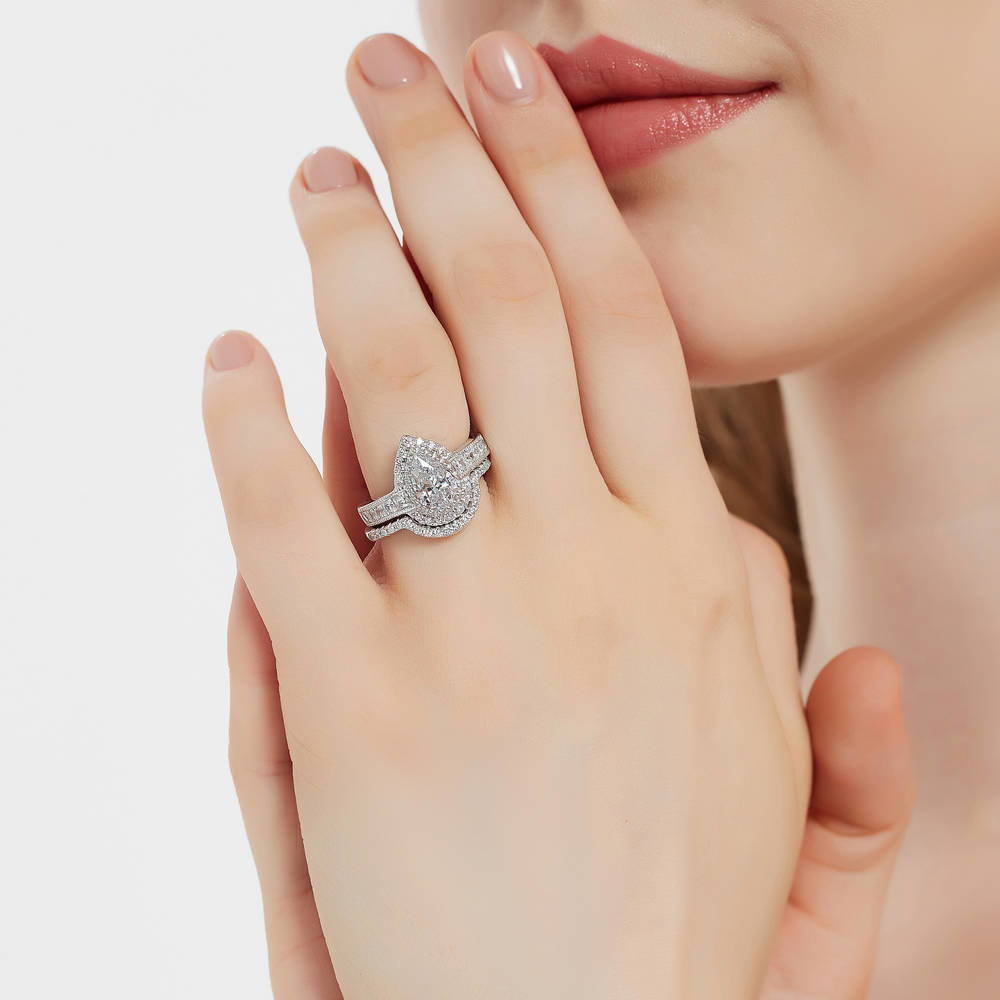 Model wearing Halo Milgrain Pear CZ Ring Set in Sterling Silver