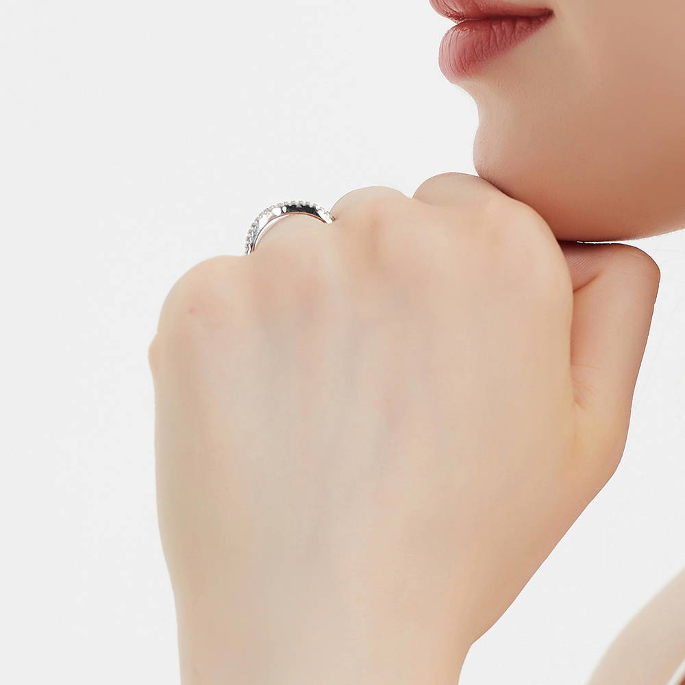 Model wearing 3-Stone Oval CZ Ring Set in Sterling Silver, 16 of 17
