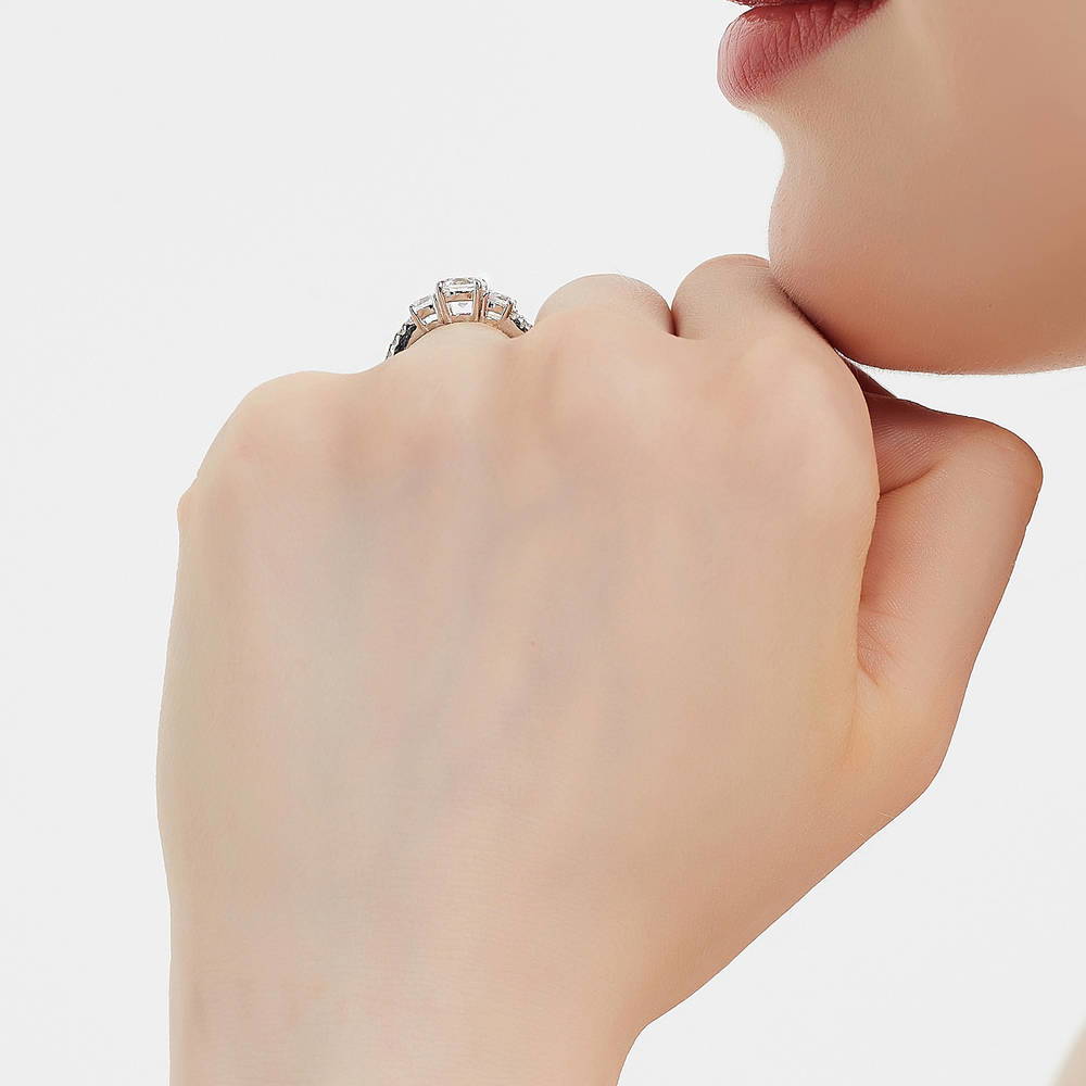 Model wearing 3-Stone Round CZ Ring in Sterling Silver