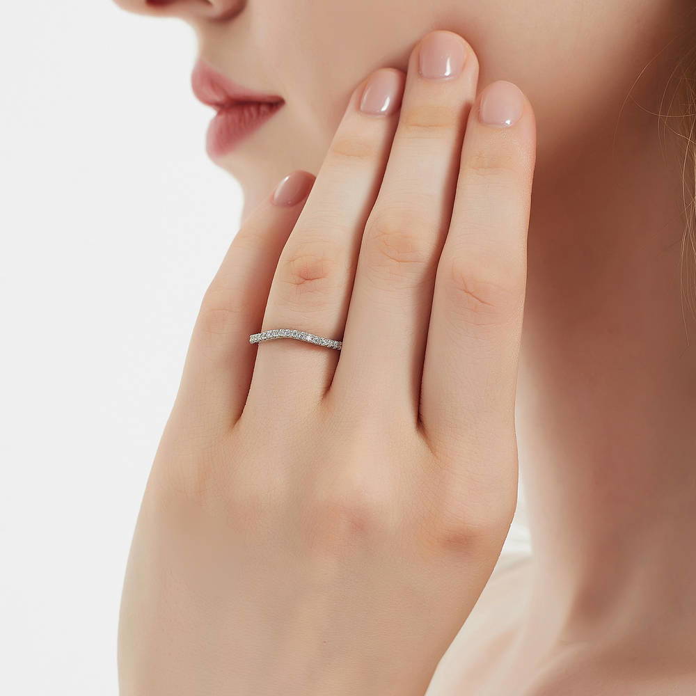 Model wearing CZ Curved Half Eternity Ring in Sterling Silver
