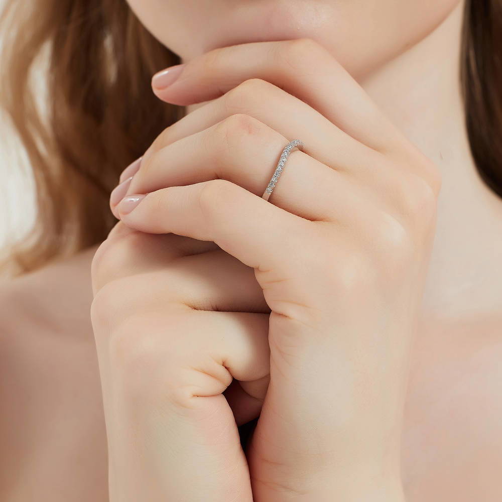 Model wearing CZ Curved Half Eternity Ring in Sterling Silver, 6 of 9