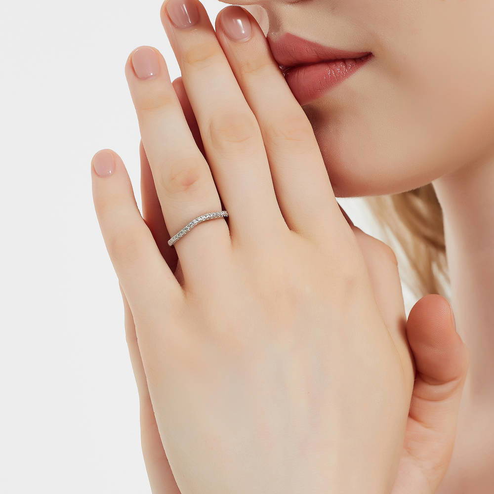 Model wearing CZ Curved Half Eternity Ring in Sterling Silver