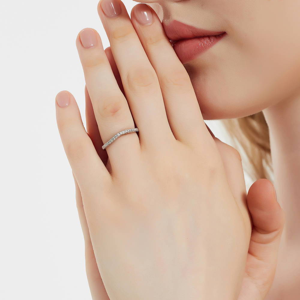 Model wearing CZ Curved Half Eternity Ring in Sterling Silver, 3 of 9
