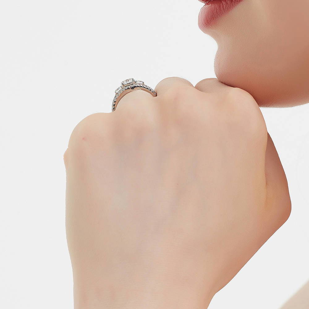 Model wearing 3-Stone Round CZ Ring Set in Sterling Silver