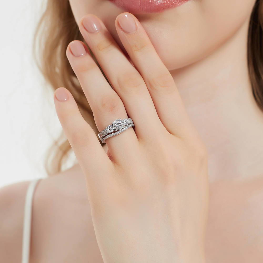 Model wearing 3-Stone Round CZ Ring Set in Sterling Silver