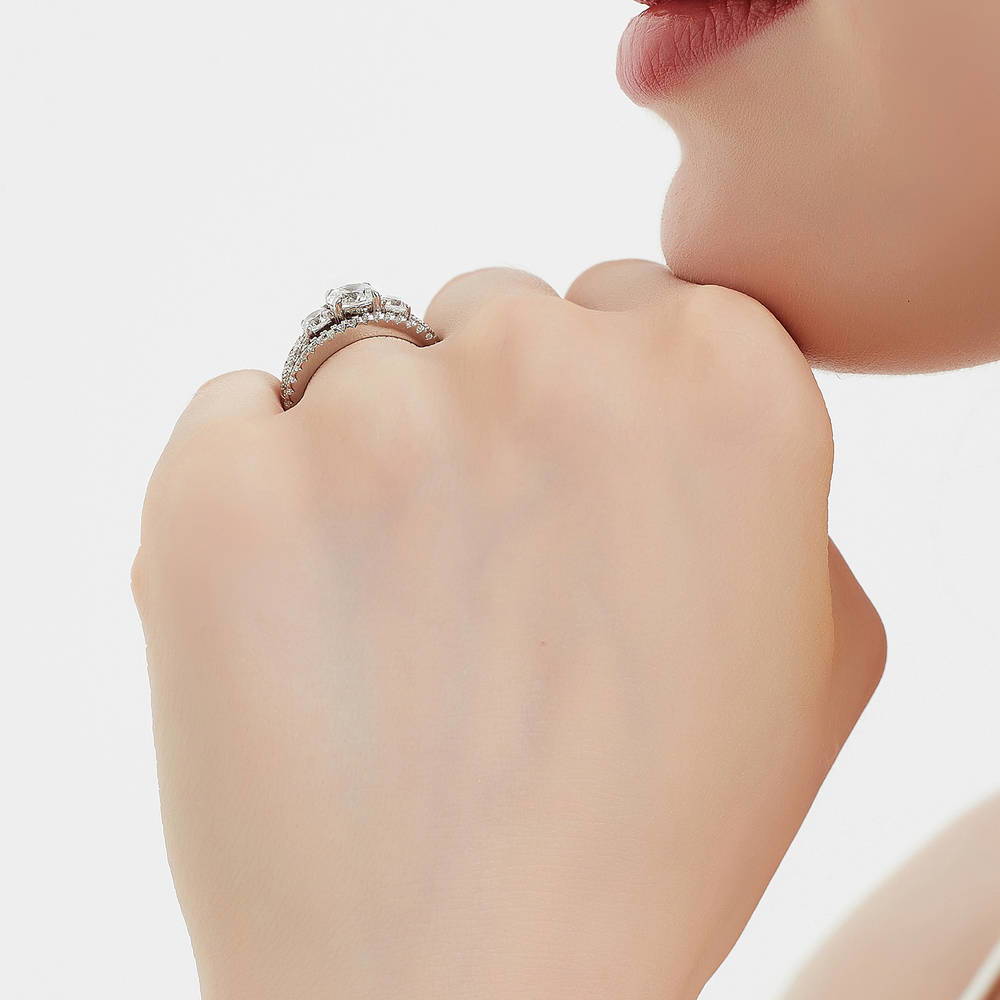 Model wearing 3-Stone Round CZ Ring Set in Sterling Silver