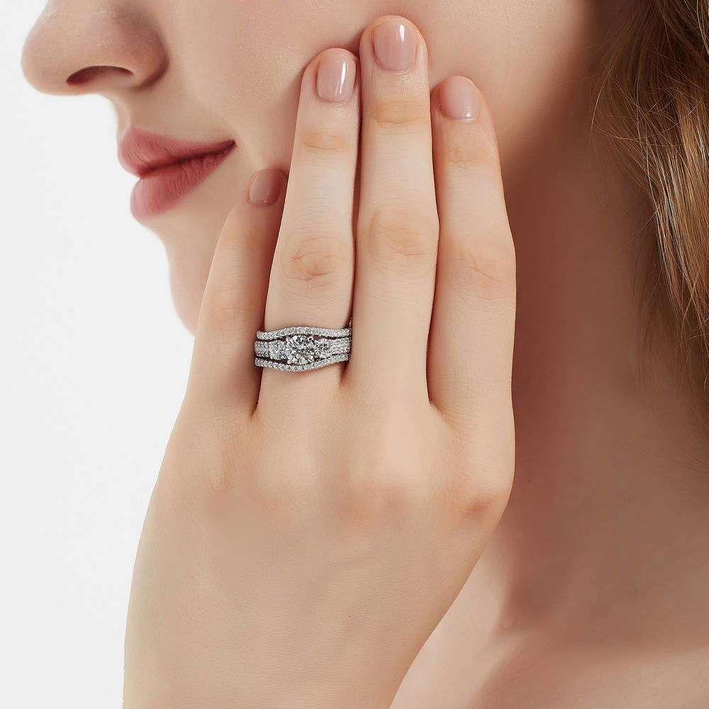 Model wearing 3-Stone Round CZ Ring Set in Sterling Silver