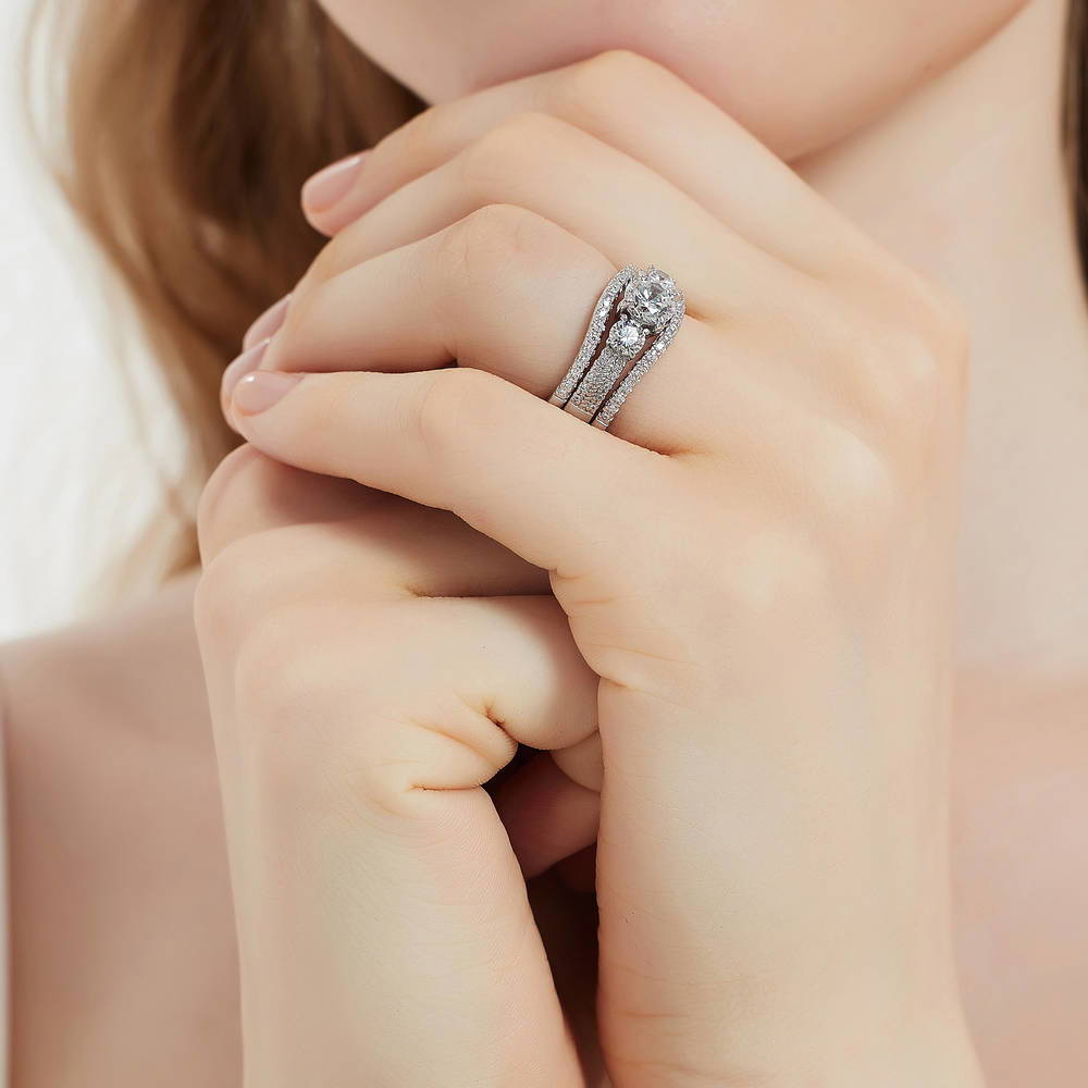Model wearing 3-Stone Round CZ Ring Set in Sterling Silver, 6 of 17