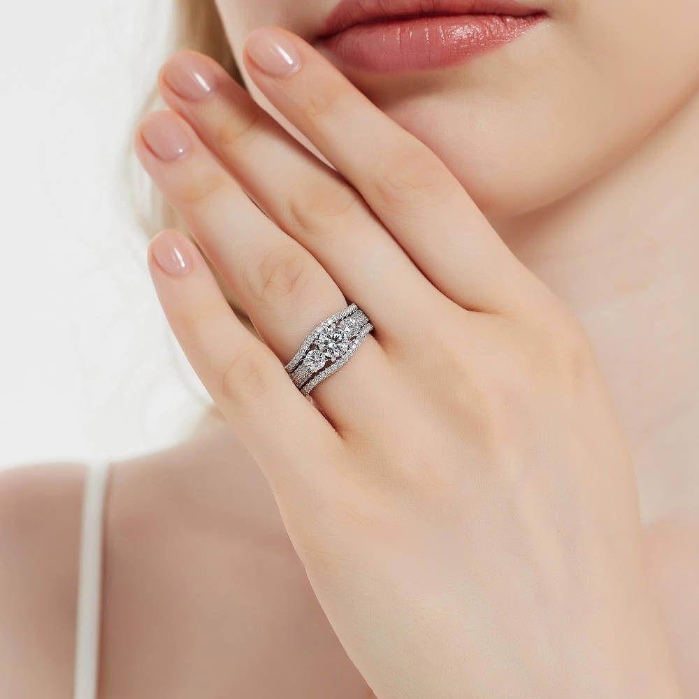 Model wearing 3-Stone Round CZ Ring Set in Sterling Silver