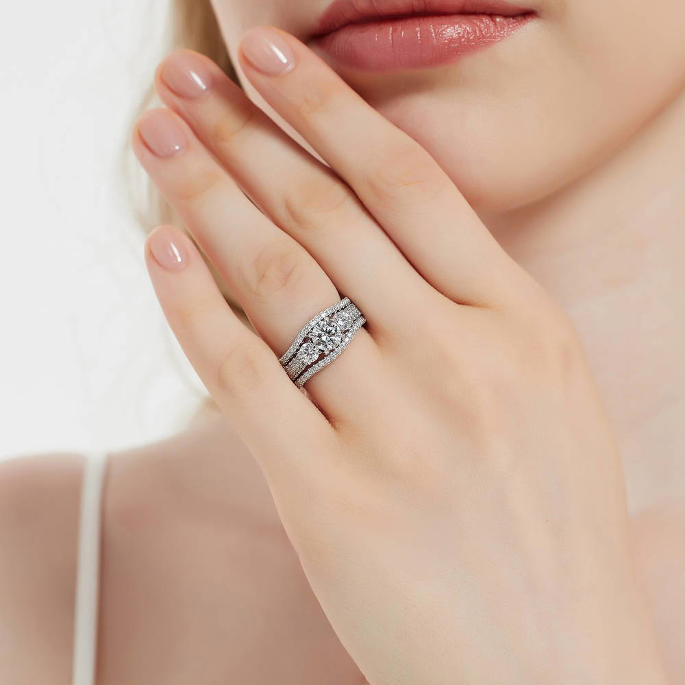 Model wearing 3-Stone Round CZ Ring Set in Sterling Silver, 2 of 17