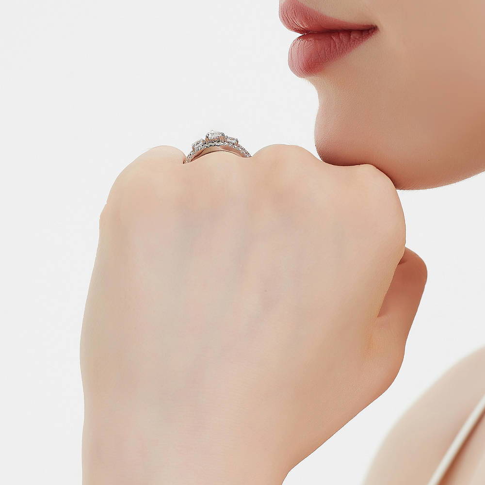 Model wearing 3-Stone Pear CZ Ring Set in Sterling Silver