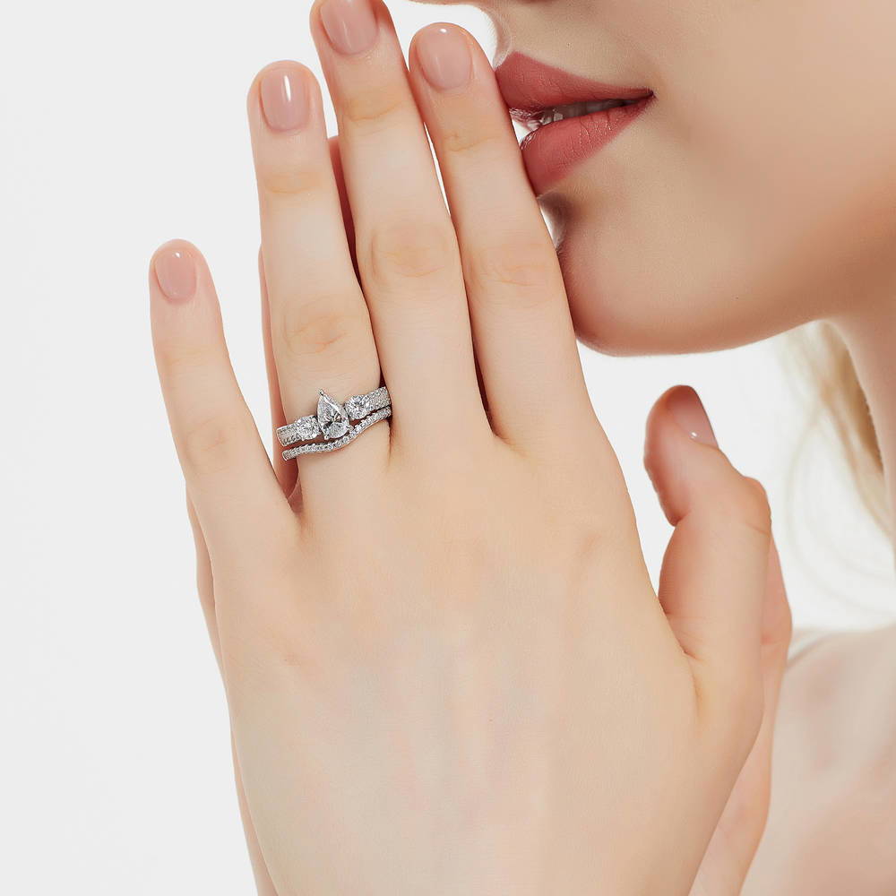 Model wearing 3-Stone Pear CZ Ring Set in Sterling Silver