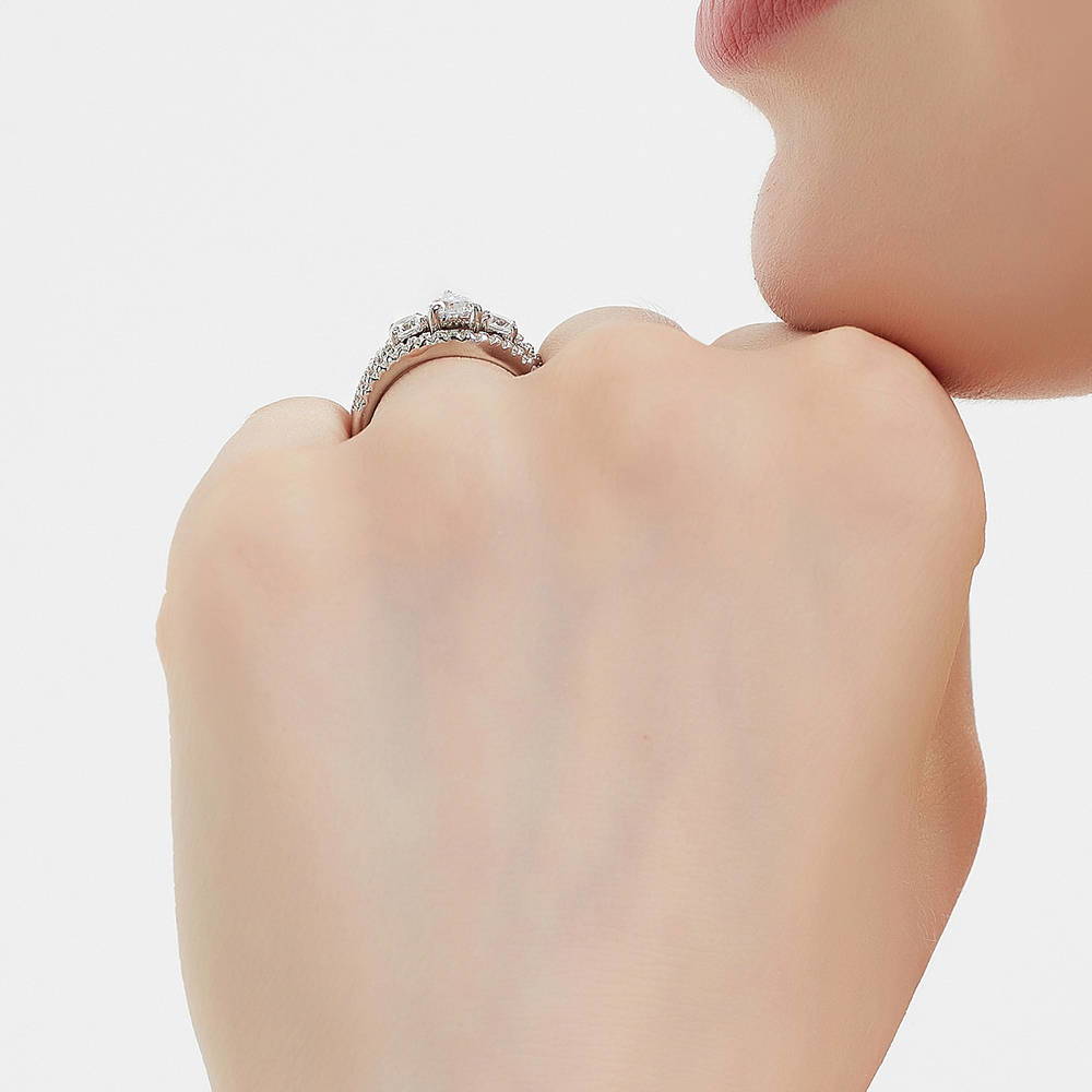 Model wearing 3-Stone Pear CZ Ring Set in Sterling Silver