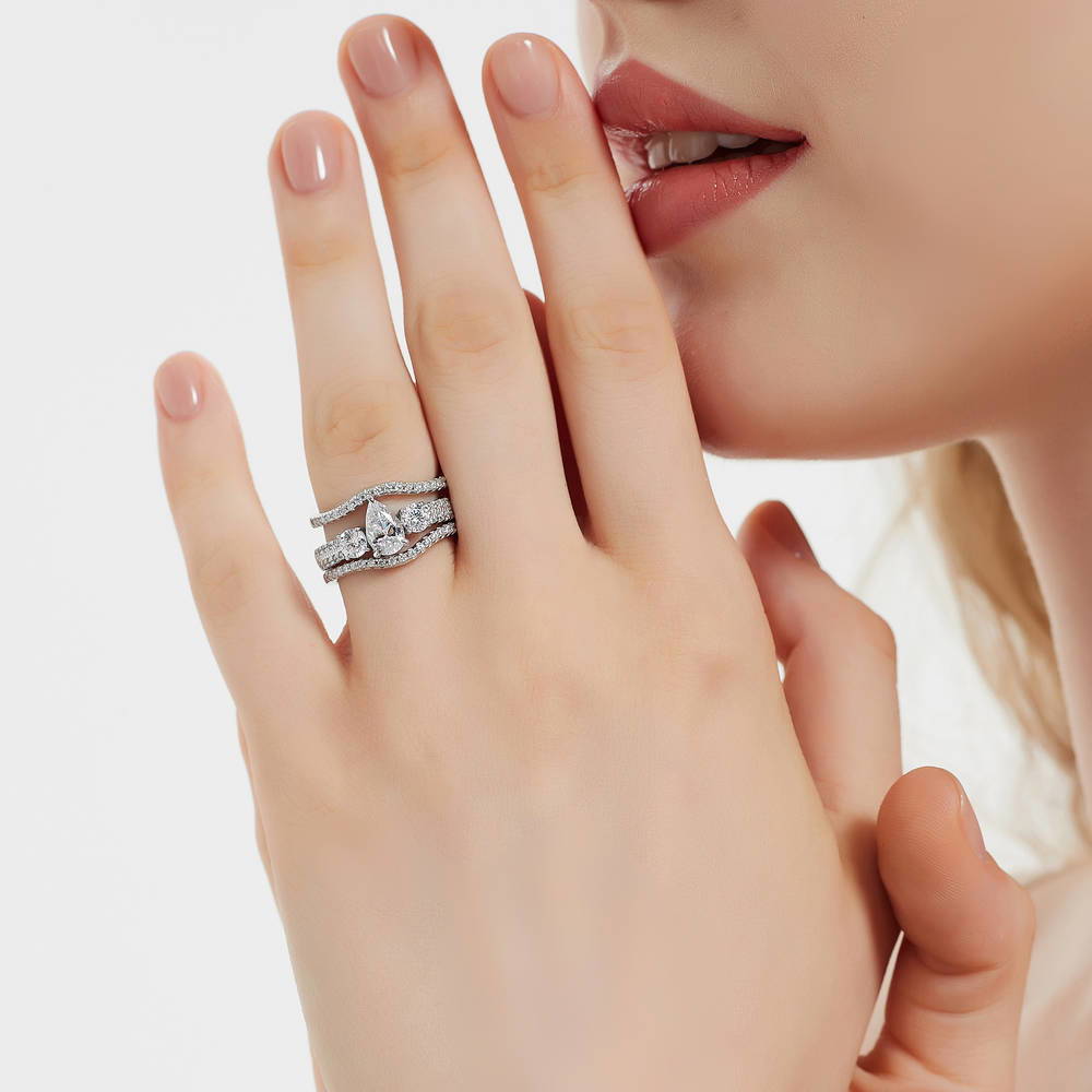 Model wearing 3-Stone Pear CZ Ring Set in Sterling Silver