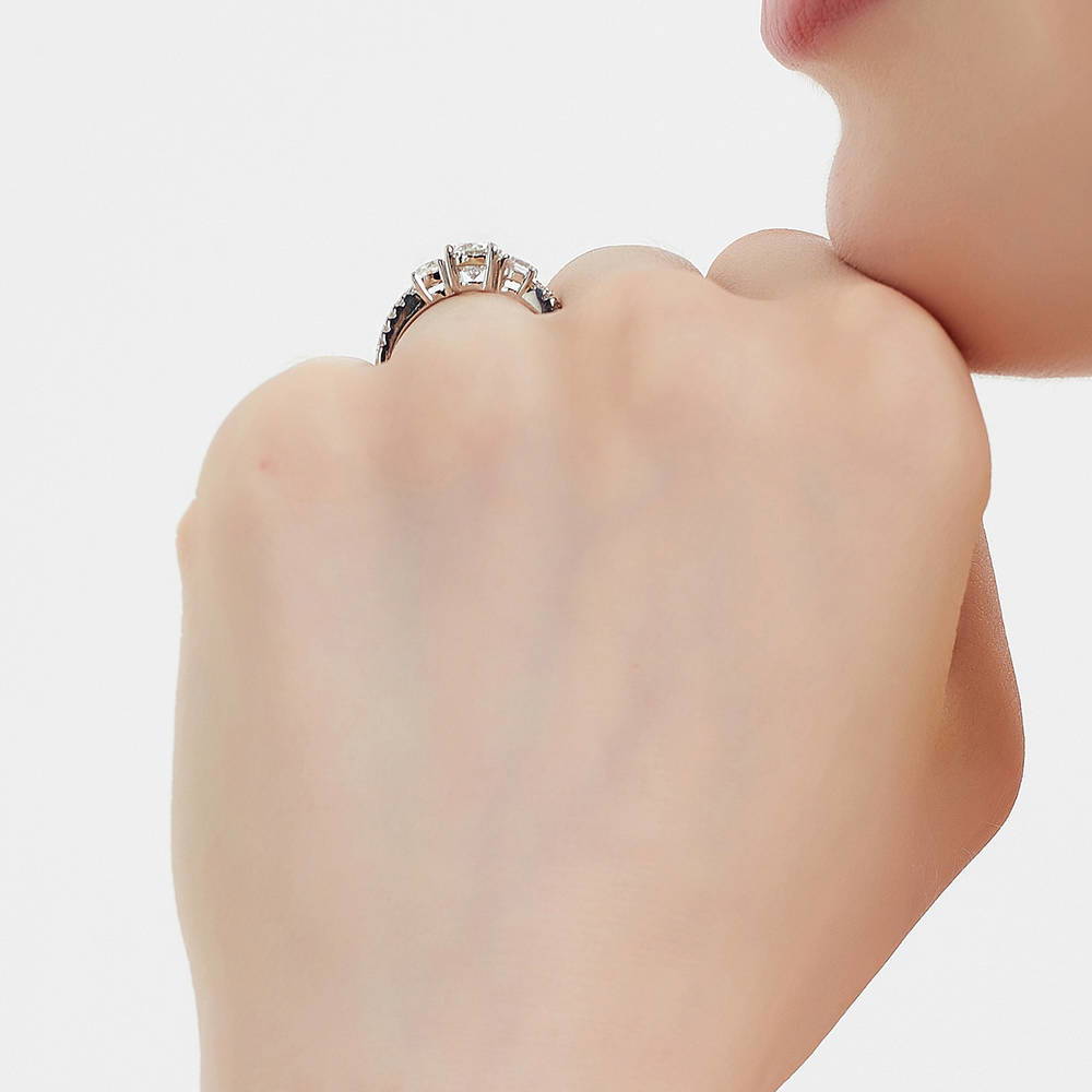 Model wearing 3-Stone Oval CZ Ring in Sterling Silver