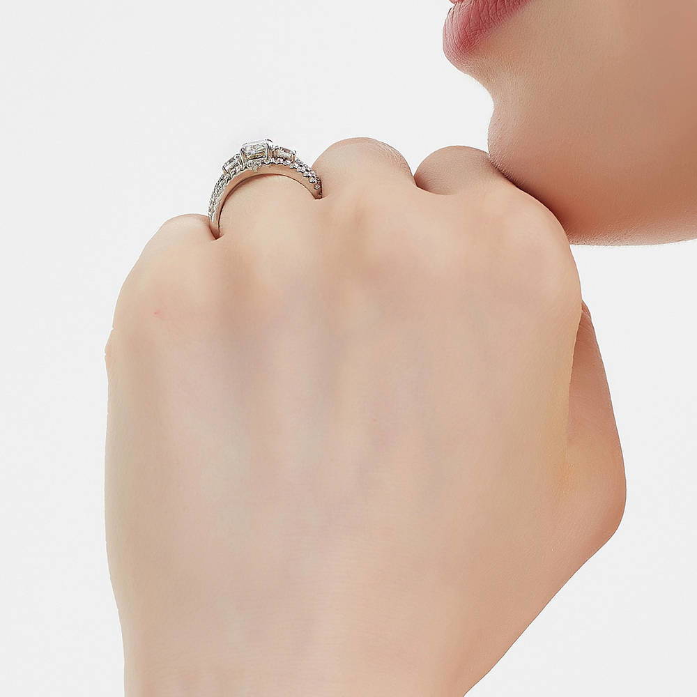 Model wearing 3-Stone Oval CZ Ring Set in Sterling Silver, 7 of 17