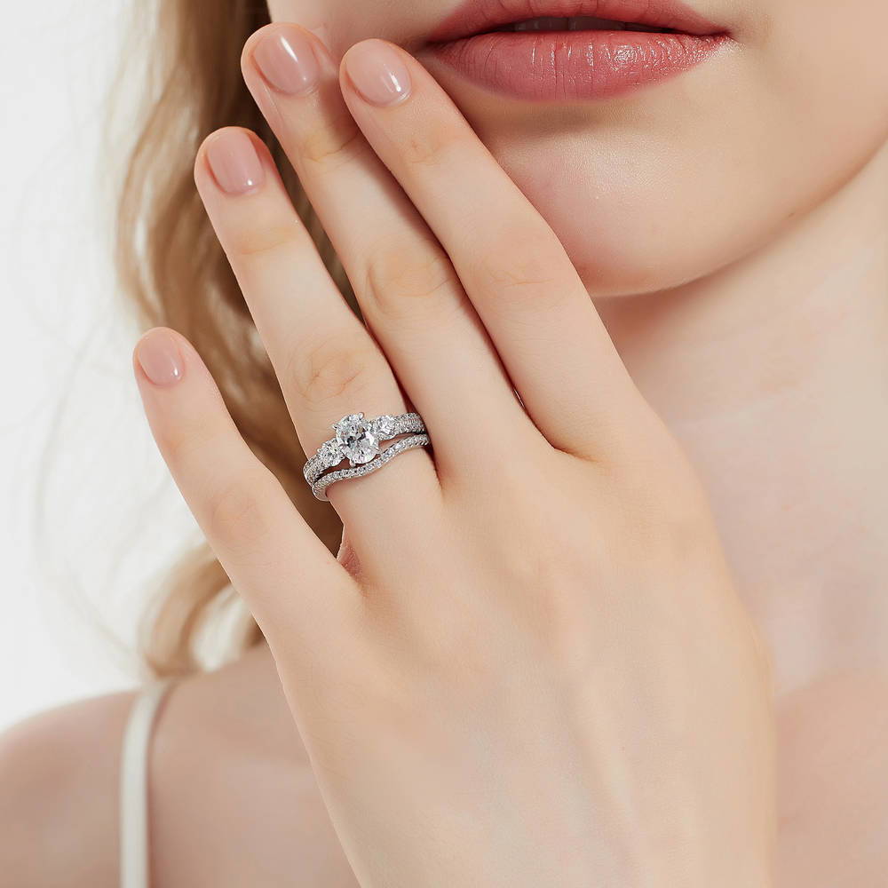 Model wearing 3-Stone Oval CZ Ring Set in Sterling Silver, 2 of 17